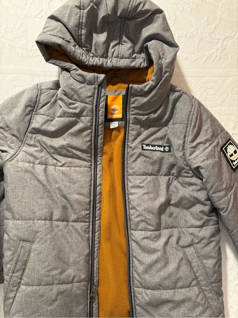 Timberland Kids Gray Havyweight Puffer Jacket Coat with Mustard Lining Full zip